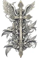 tall skinny cross with wings one angel one devil tattoo design idea