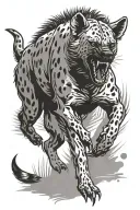 hyena in dynamic pose, jumping. full body. equal proportions. thick outline. no sharp lines.No unnecessary lines.  tattoo design idea