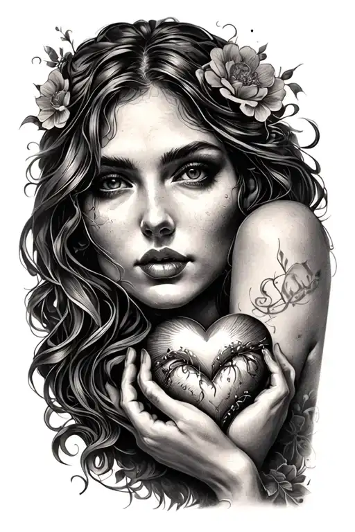 a tattoo on the arm representing the face of a woman with a heart in her hand tattoo design idea