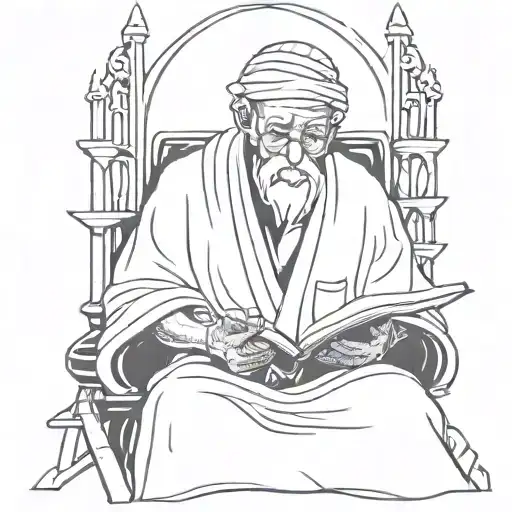 a wise man reading by candlelight using the attached style tattoo design idea