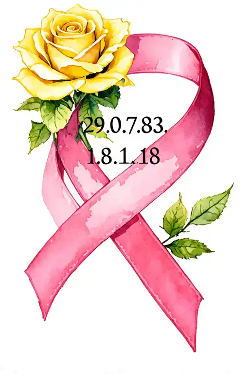 "29.07.83-18.02.18" yellow roses and pink breast cancer ribbon intertwined tattoo design idea