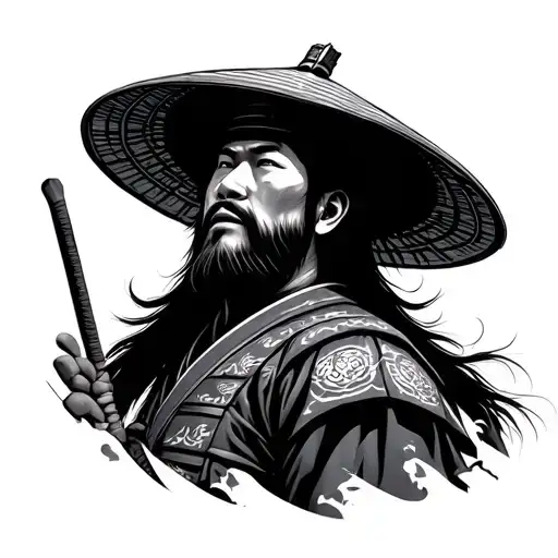 Japanese samurai warrior looking up at the sky serving God, with the japanese rice hat covering the face tattoo design idea