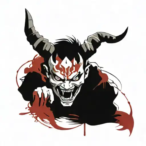 boy wearing an oni mask fighting off demons they know tattoo design idea