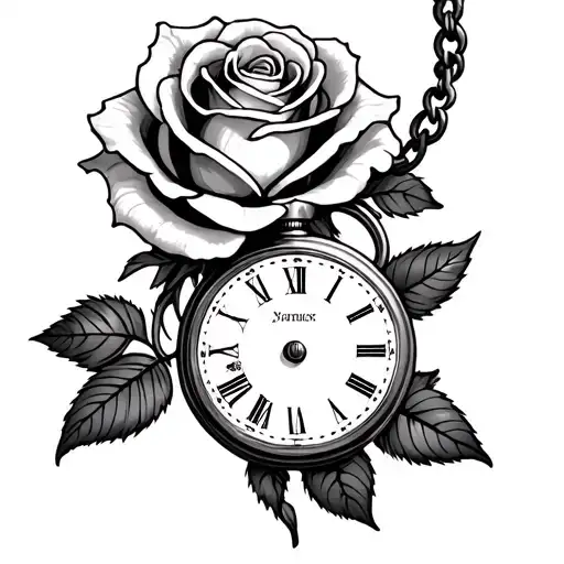 rose with a pocket watch beneath it neo trad tattoo design idea