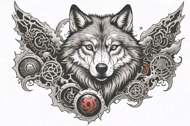 wolf with sharingan and akatsuki clouds tattoo design idea