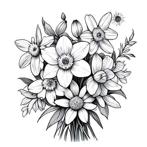 Fine line flower bunch with narcissus, aster and honey suckle flower  tattoo design idea