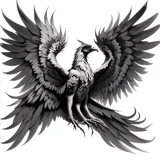 Realistic phoenix rising with wings spread wide in black and grey.Left wing: natural detailed feathers.Right wing: sha tattoo design idea