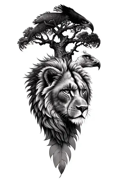 need feather light tattoo feminine Ocotea usambarensis and oak tree with lions head forming from branches and eagle tattoo design idea