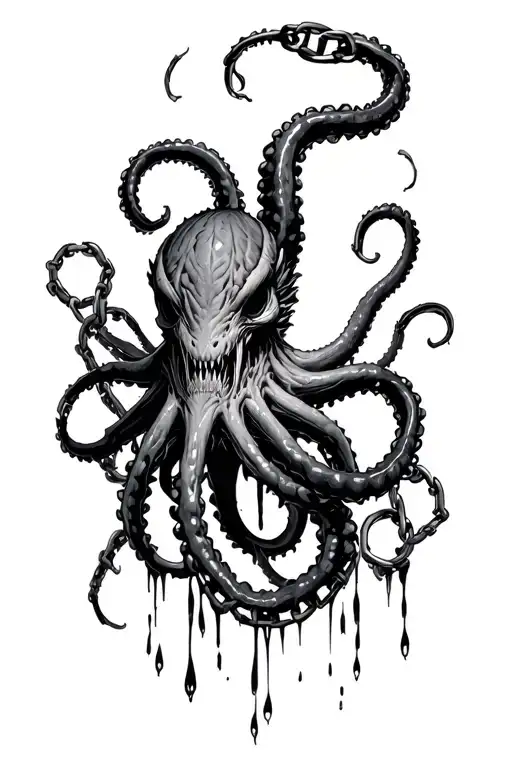hellish kraken with chains dripping with darkness that looks realish tattoo design idea