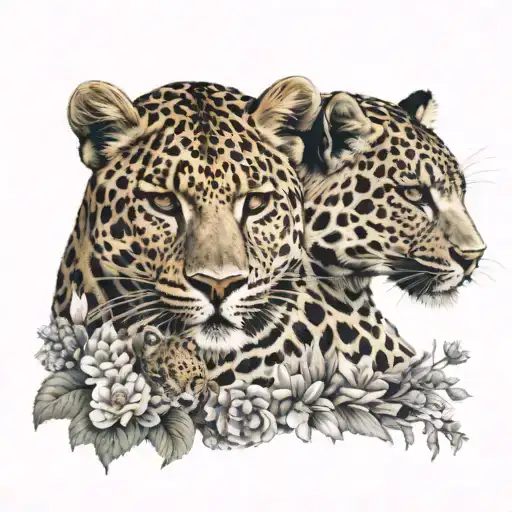 mother leopard and cub with flowers blooming tattoo design idea
