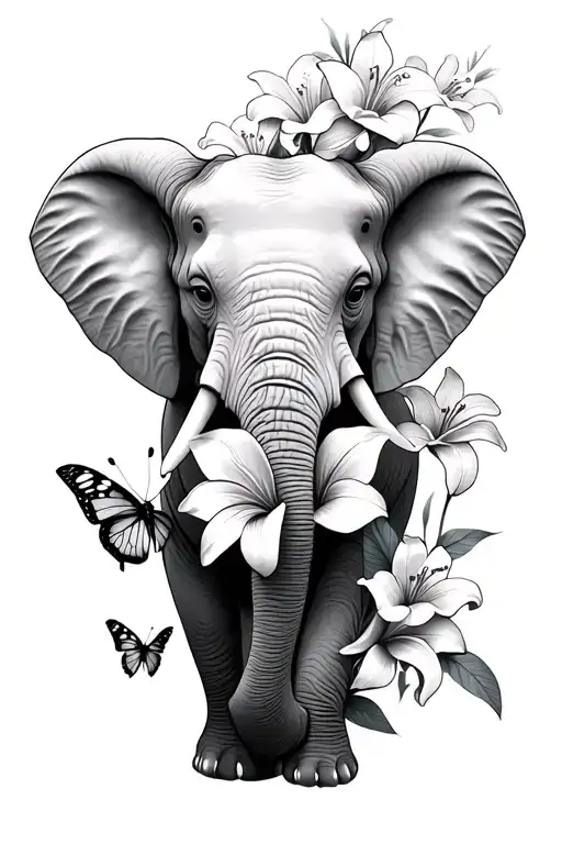 black and white elephant face with lilies, butterflies, and sakura flowers not a lot of shading  tattoo design idea