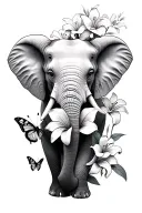 black and white elephant face with lilies, butterflies, and sakura flowers not a lot of shading  tattoo design idea