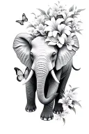 black and white elephant face with lilies, butterflies, and sakura flowers not a lot of shading  tattoo design idea
