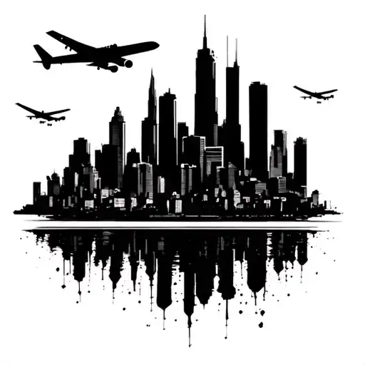 A city skyline silhouette with airplanes flying overhead, representing a passion for aviation and urban exploration tattoo design idea