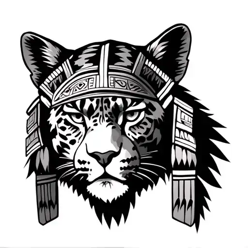 aztec jaguar warrior face with head dress in color tattoo design idea
