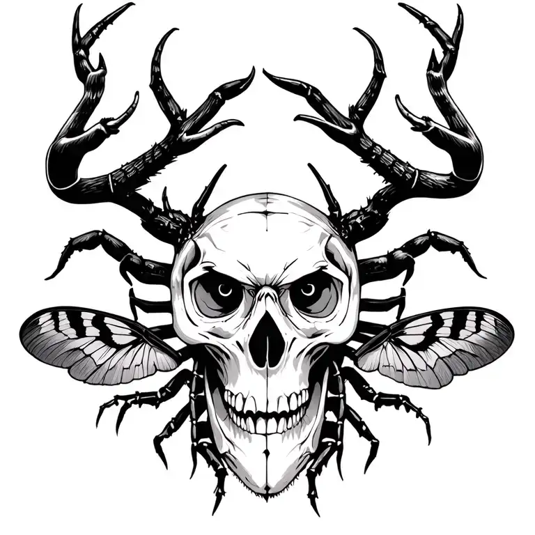 scorpion, human skull, moth, owl, deer skull all separate, but working together to form a cohesive piece tattoo design idea
