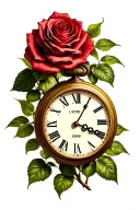 time clock and roses growing with roman numerals representing important dates tattoo design idea