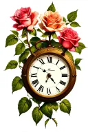 time clock and roses growing with roman numerals representing important dates tattoo design idea