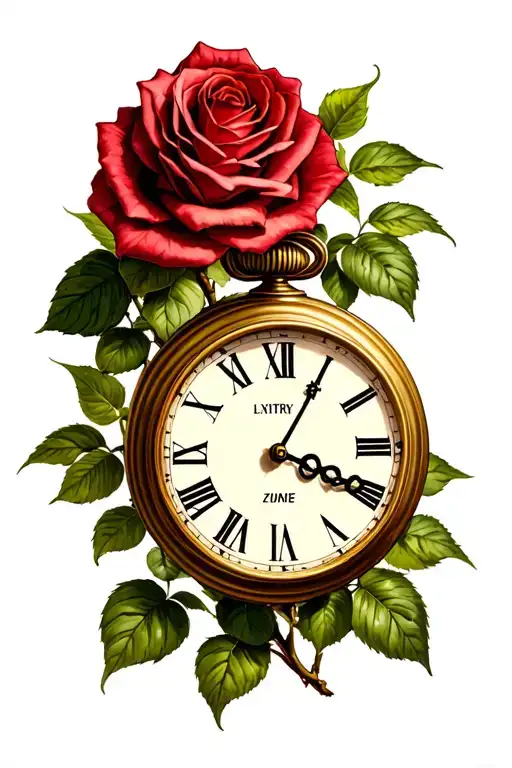 time clock and roses growing with roman numerals representing important dates tattoo design idea