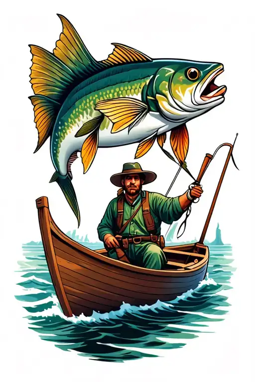 cod fish cought by fisherman in boat On the sea tattoo design idea