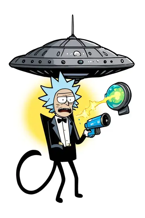 Minimal Rick and Morty-style tattoo: drunk Rick in UFO beaming up panicked Morty using a portal gun, black tuxedo cat  tattoo design idea