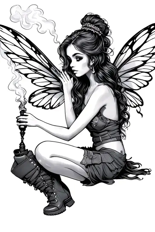 A fairy who smokes with her magic wand; she has wings and military boots on her feet.  tattoo design idea