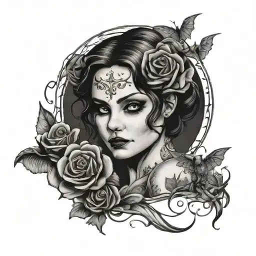 MCR Helena ballorina with the moon bats and roses tattoo design idea