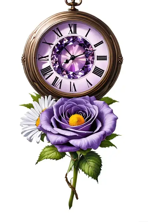 clock, rose, violet, amethyst, daisy, date of birth tattoo design idea