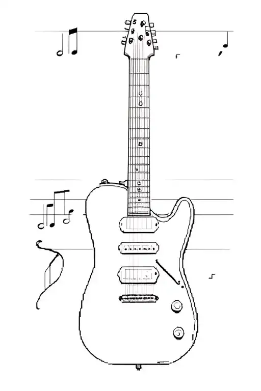  8-bit-style guitar—its body shaped subtly like a retro game controller The guitar’s strings morph into a musical staff tattoo design idea