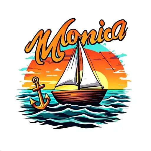 "Monica" small sailboat, sunset, anchor design tattoo design idea
