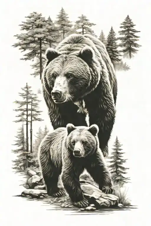 bear and cub in the forest scene  tattoo design idea