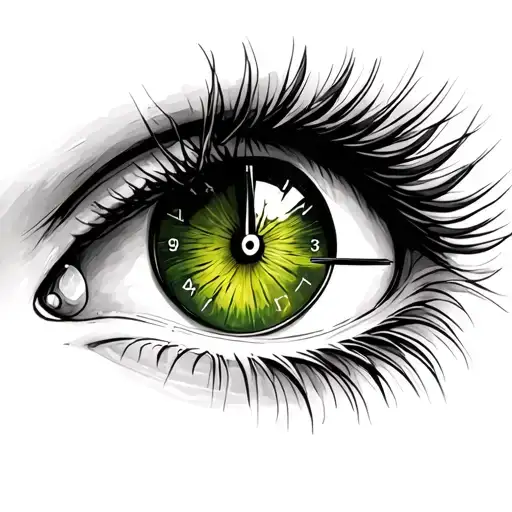 18:39 clock face inside a greeny brown eye with lashes  tattoo design idea