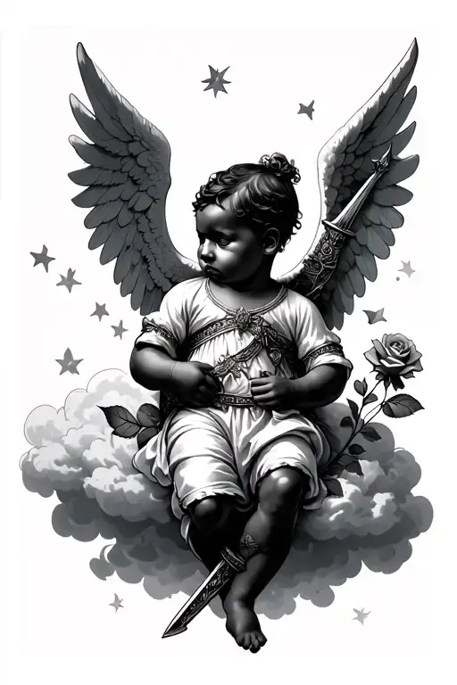 a dark-skinned baby angel who holds a weapon and a rose in the other hand on a cloud background tattoo design idea