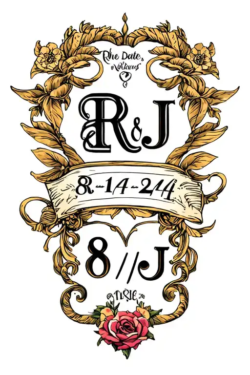 claddaugh with initials R and J and the wedding date 8/14/24 tattoo design idea