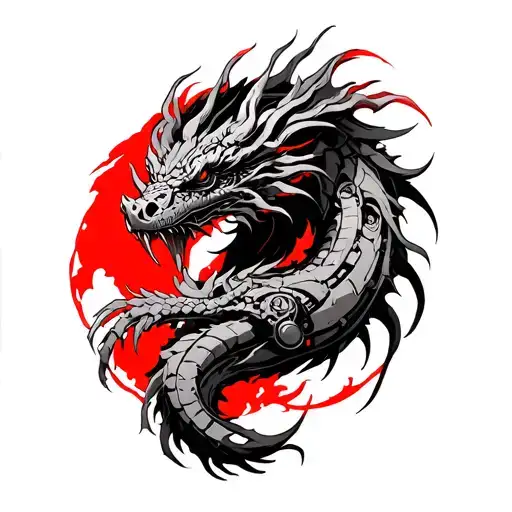 "Create a traditional tattoo design in black, gray, and red ink. The centerpiece is a mechanical dragon-like beast built tattoo design idea
