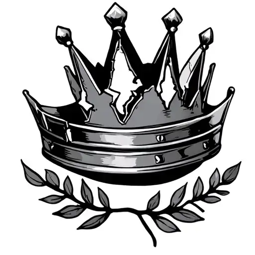 A black and gray tattoo design of a small cracked crown, clean lines and subtle shading, sitting above a minimal laurel tattoo design idea