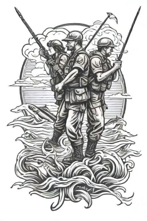 soldiers cross with daddy daughter ocean fishing background tattoo design idea