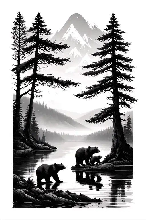 trees over a lake with an adult bear and two baby bears   tattoo design idea