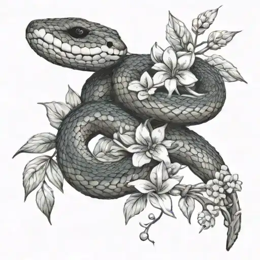 snake wrapped around a branch with the birth flowers of June, July, August, November, December  tattoo design idea