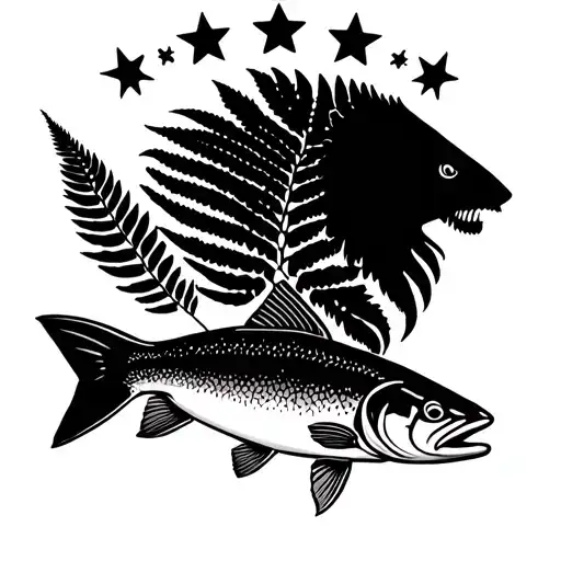 silver fern on right with wild bore head and new Zealand four stars above with trout running along the base line for for tattoo design idea
