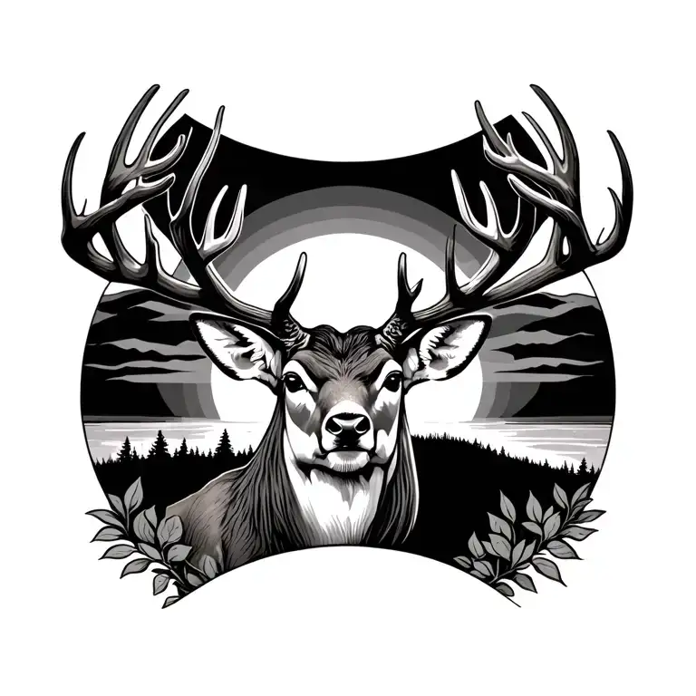 whitetail deer, god, sunrise integrated tattoo design idea