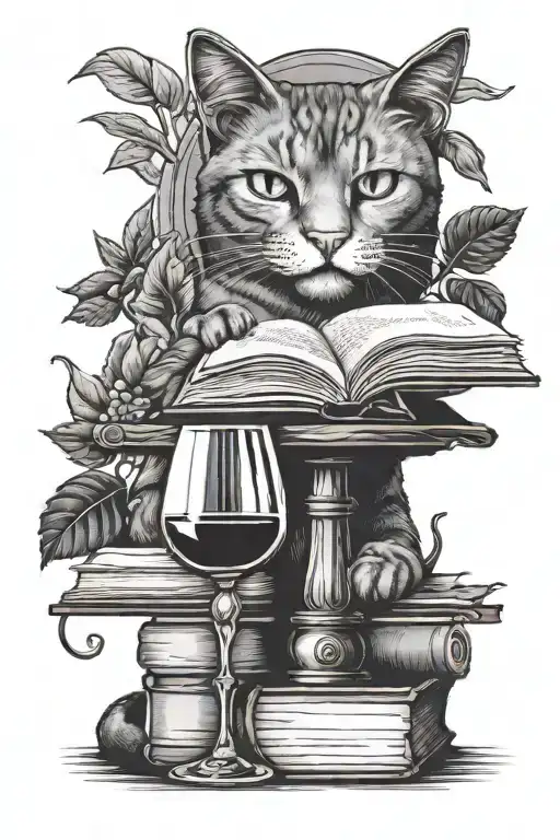 cat books and wine glass tattoo design idea