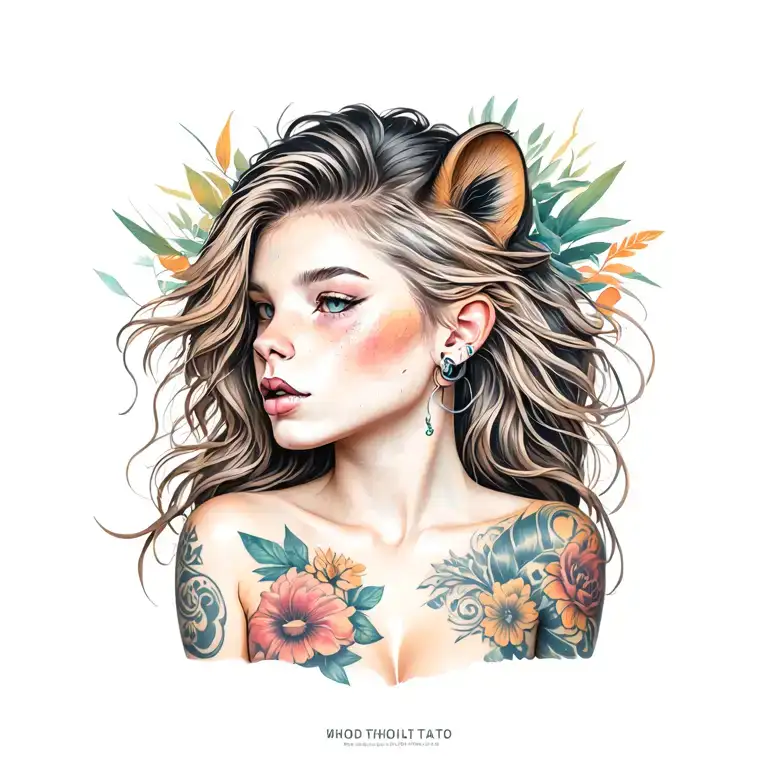 Girl with a lion tattoo with a right arm and flowers below the breasts. Lip piercings, ears, nose tattoo design idea