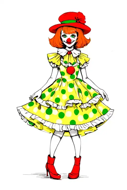 clown girl, sexy, orange short hair bangs, red hat, green make up, yellow dress green polka dots, ruffles tattoo design idea