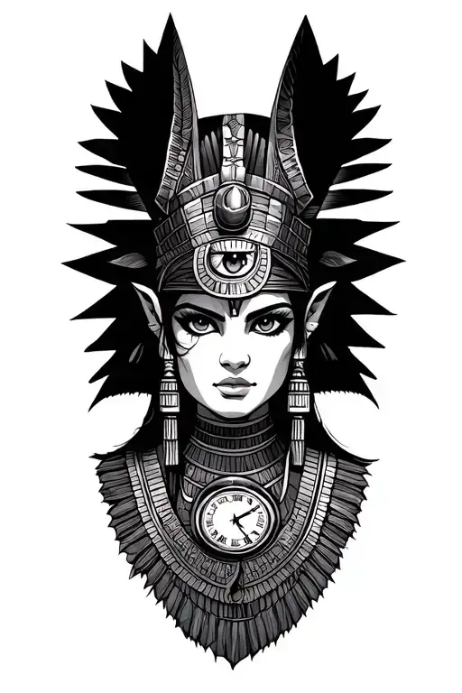 Aztec Warrior Girl With Technology With Egyptian God Anubis, Inka Symbolism, All Seing Eye and clock Tattoo tattoo design idea
