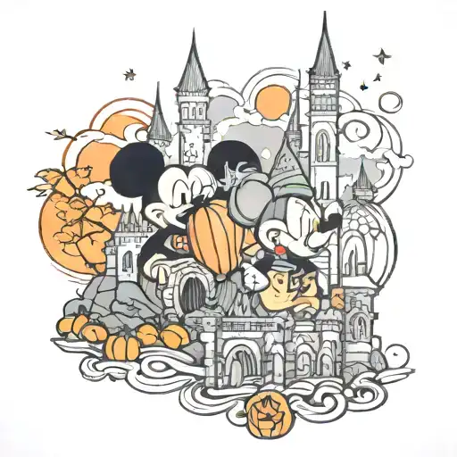 Disney castle middle. Mickey misty pumpkin left. Mickey mouse gingerbead right tattoo design idea