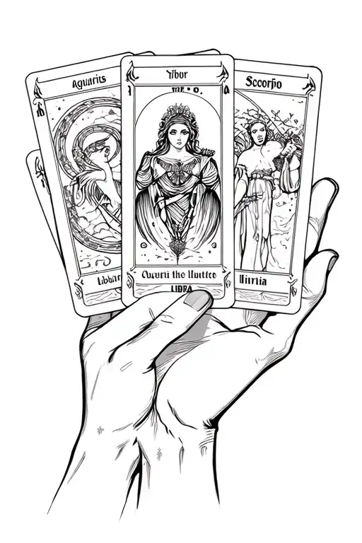 hand holding three tarot cards with the image of each zodiac sign from left to right: Aquarius, Scorpio, Libra. tattoo design idea