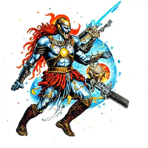 A cosmic warrior battling their inner demons in a galactic war tattoo design idea