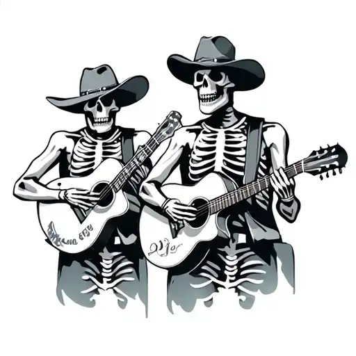 a band of western skeletons playing blue grass country tattoo design idea