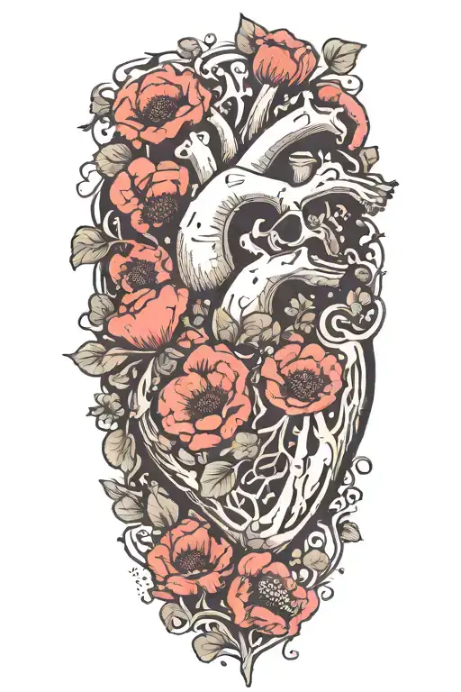 abstract design human heart, poppies, anemones, mushrooms, love and the letters J and C tattoo design idea